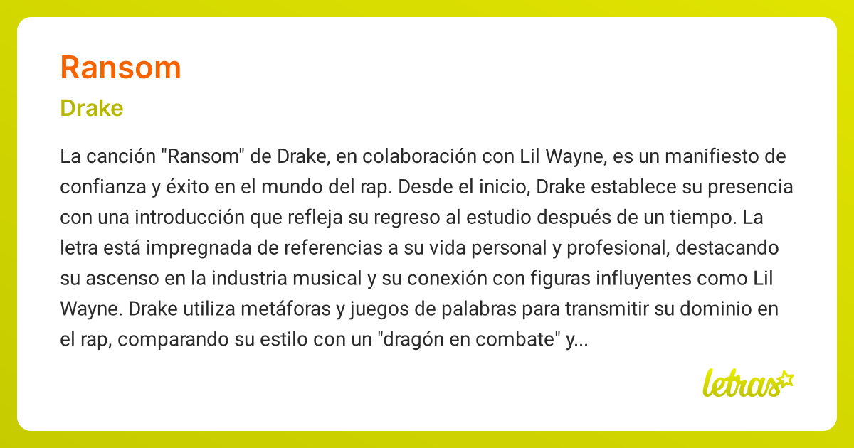 Significado de la canción RANSOM (Drake) - LETRAS.COM