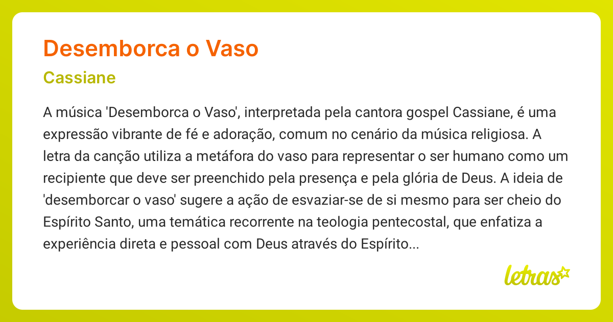 Significado da música DESEMBORCA O VASO (Cassiane) - LETRAS.MUS.BR