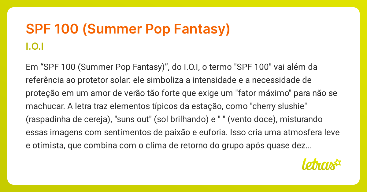 Significado da música SPF 100 (SUMMER POP FANTASY) (I.O.I) - LETRAS.MUS.BR