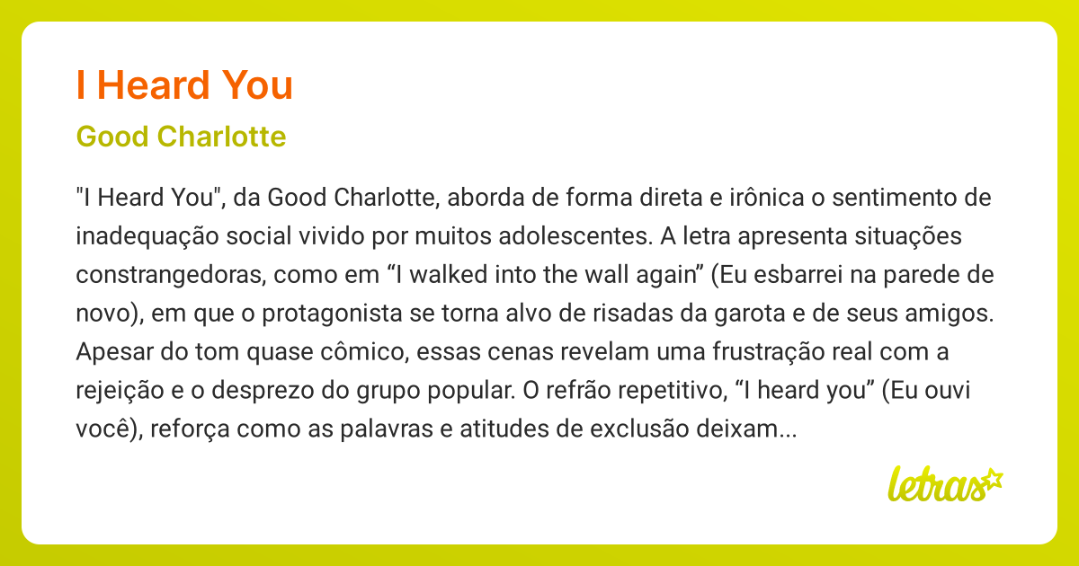 Significado da música I HEARD YOU (Good Charlotte) - LETRAS.MUS.BR