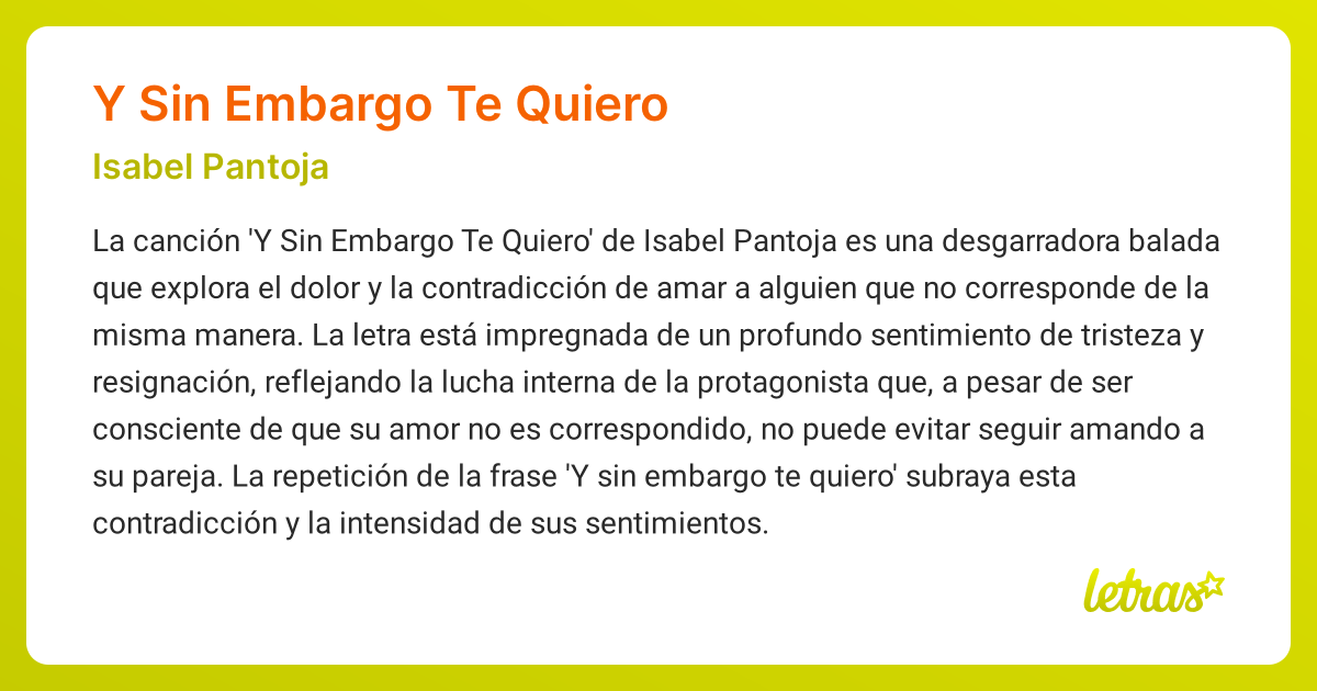 Significado de la canción Y SIN EMBARGO TE QUIERO (Isabel Pantoja ...