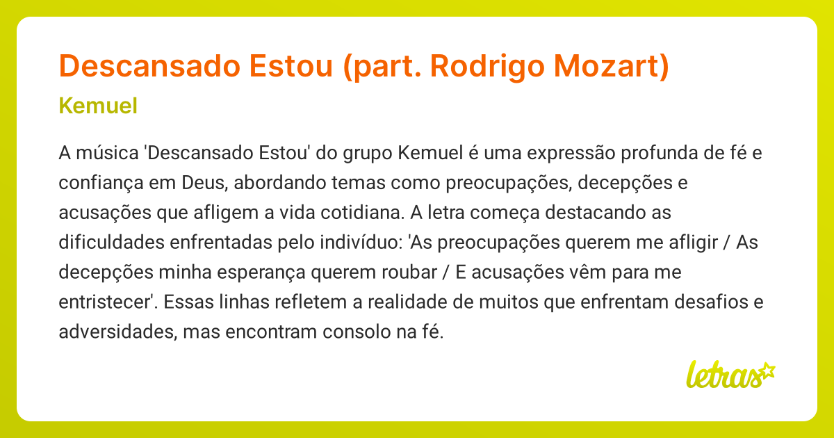 Significado da música Descansado Estou (part. Rodrigo Mozart) (Kemuel ...