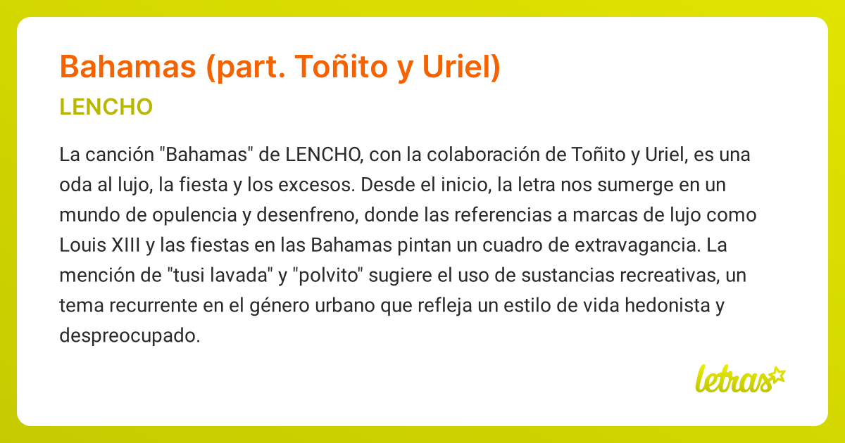 Significado de la canción Bahamas (part. Toñito y Uriel) (LENCHO ...