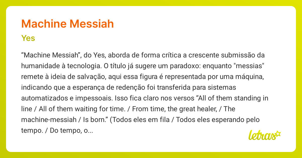 Significado da música MACHINE MESSIAH (Yes) - LETRAS.MUS.BR