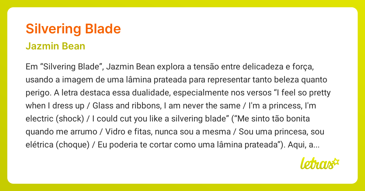 Significado da música SILVERING BLADE (Jazmin Bean) - LETRAS.MUS.BR