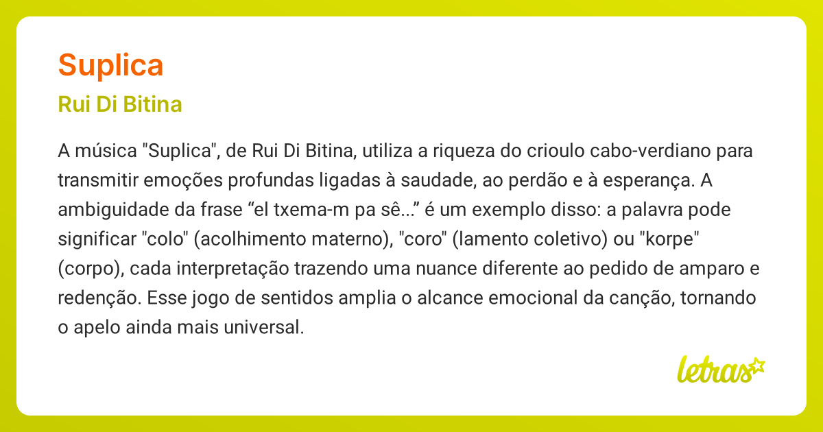 Significado da música SUPLICA (Rui Di Bitina) - LETRAS.MUS.BR