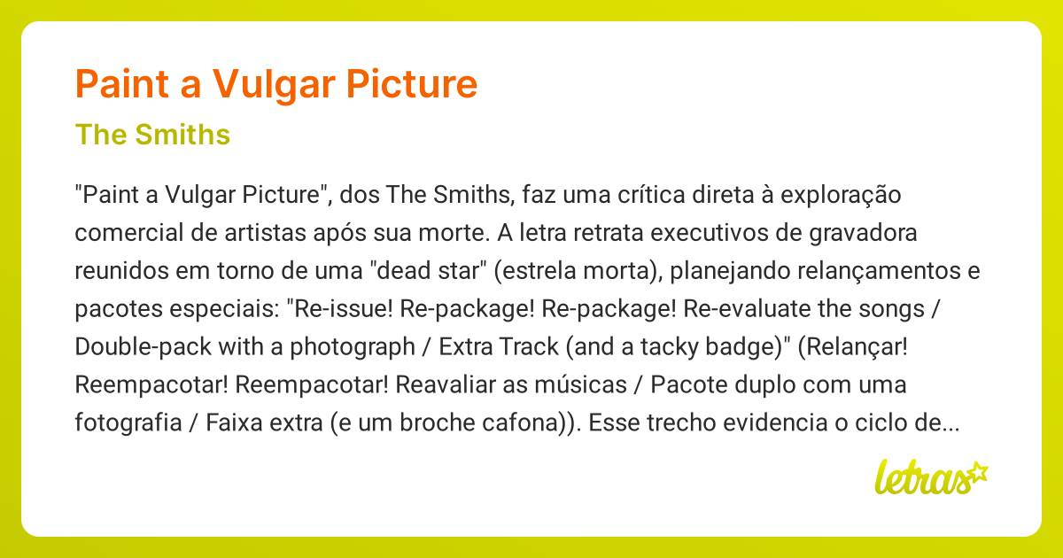 Significado da música PAINT A VULGAR PICTURE (The Smiths) LETRAS.MUS.BR