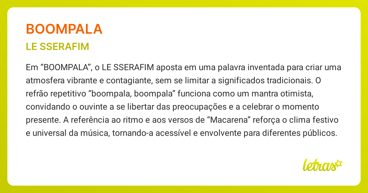 Significado da música BOOMPALA (LE SSERAFIM) - LETRAS.MUS.BR