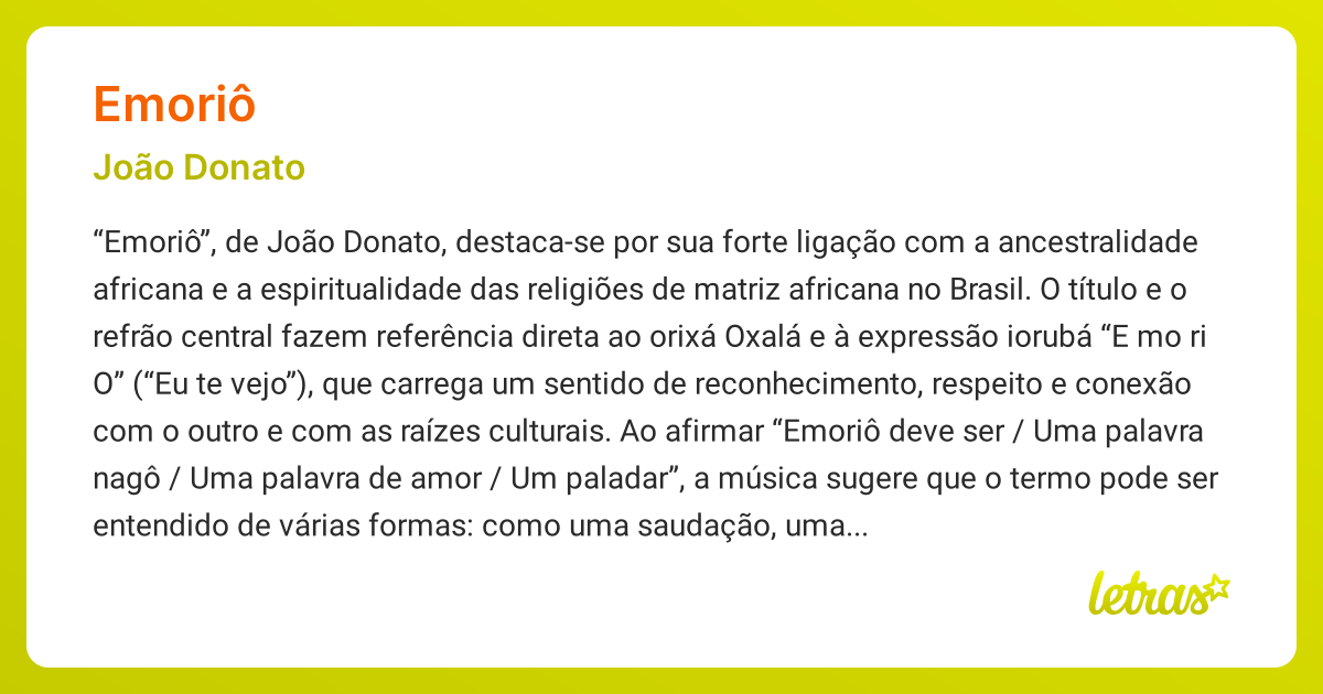 Significado da música EMORIÔ (João Donato) - LETRAS.MUS.BR