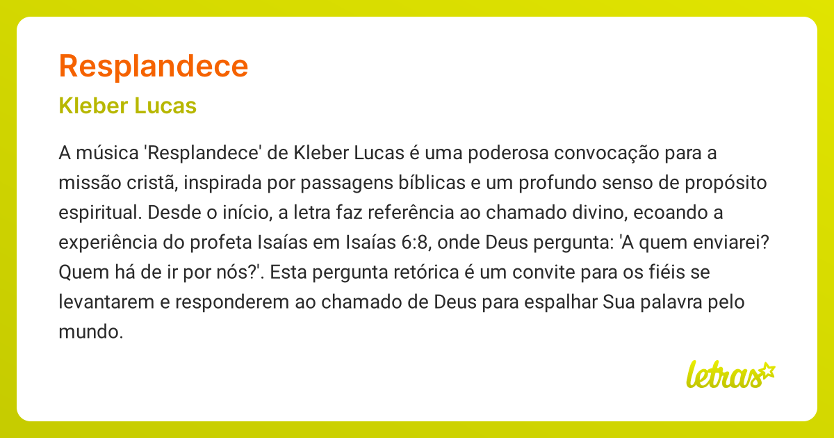 Significado da música RESPLANDECE (Kleber Lucas) - LETRAS.MUS.BR
