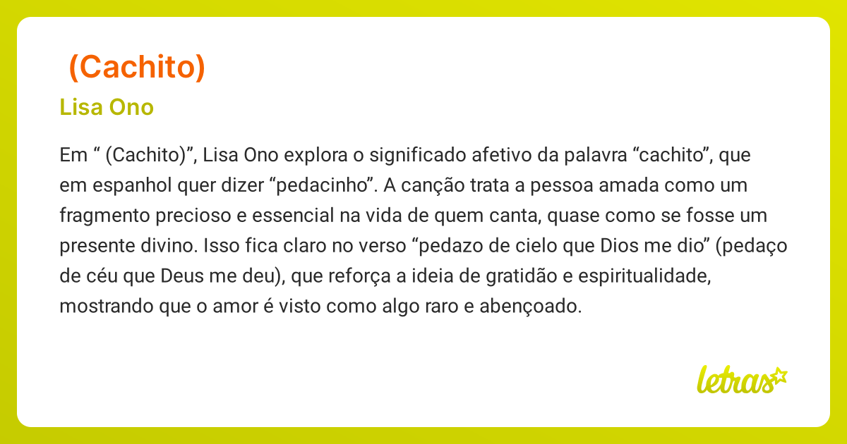 Significado da música カチート (CACHITO) (Lisa Ono) - LETRAS.MUS.BR