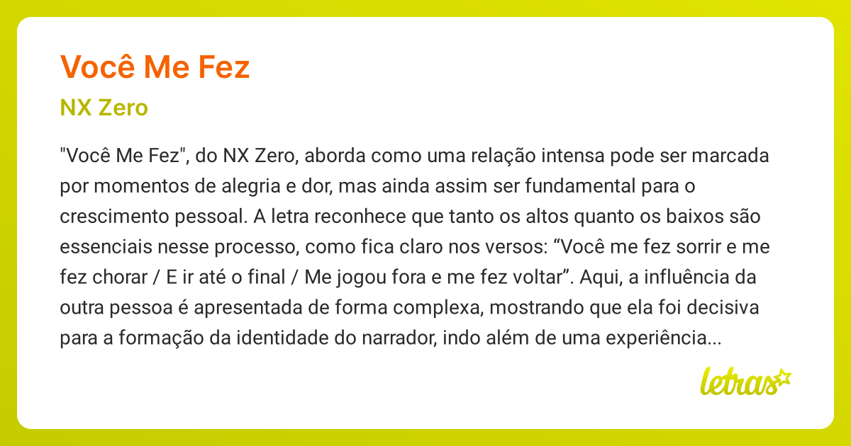 Significado da música VOCÊ ME FEZ (NX Zero) - LETRAS.MUS.BR