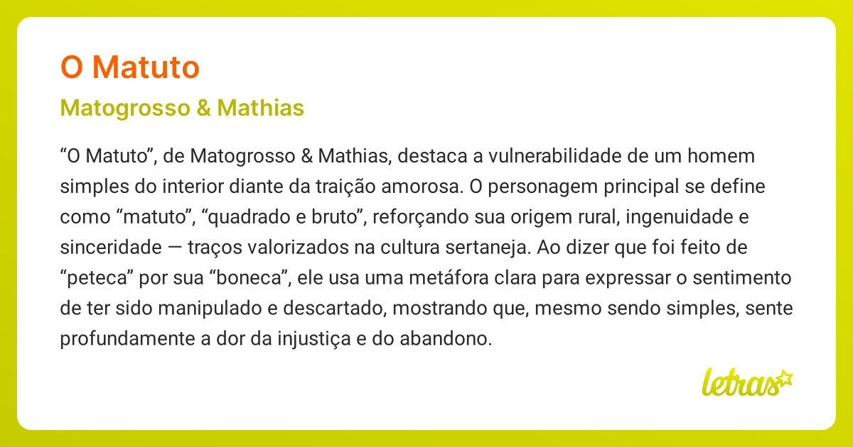 Significado da música O MATUTO (Matogrosso & Mathias) - LETRAS.MUS.BR