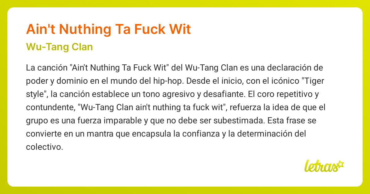 Significado de la canción AIN'T NUTHING TA FUCK WIT (Wu-Tang Clan ...