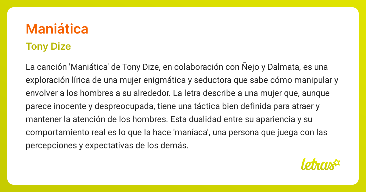 Significado de la canción MANIÁTICA (Tony Dize) - LETRAS.COM