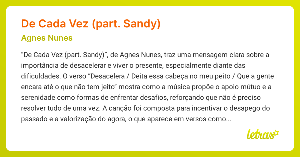 Significado da música DE CADA VEZ (PART. SANDY) (Agnes Nunes) - LETRAS ...