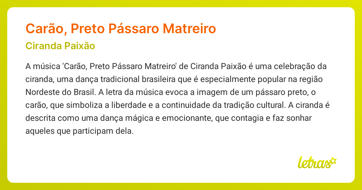 Significado da música Carão, Preto Pássaro Matreiro (Ciranda Paixão ...