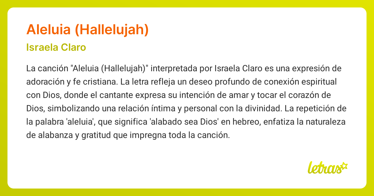 Significado de la canción ALELUIA (HALLELUJAH) (Israela Claro) - LETRAS.COM