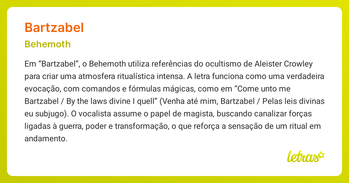 Significado da música BARTZABEL (Behemoth) - LETRAS.MUS.BR