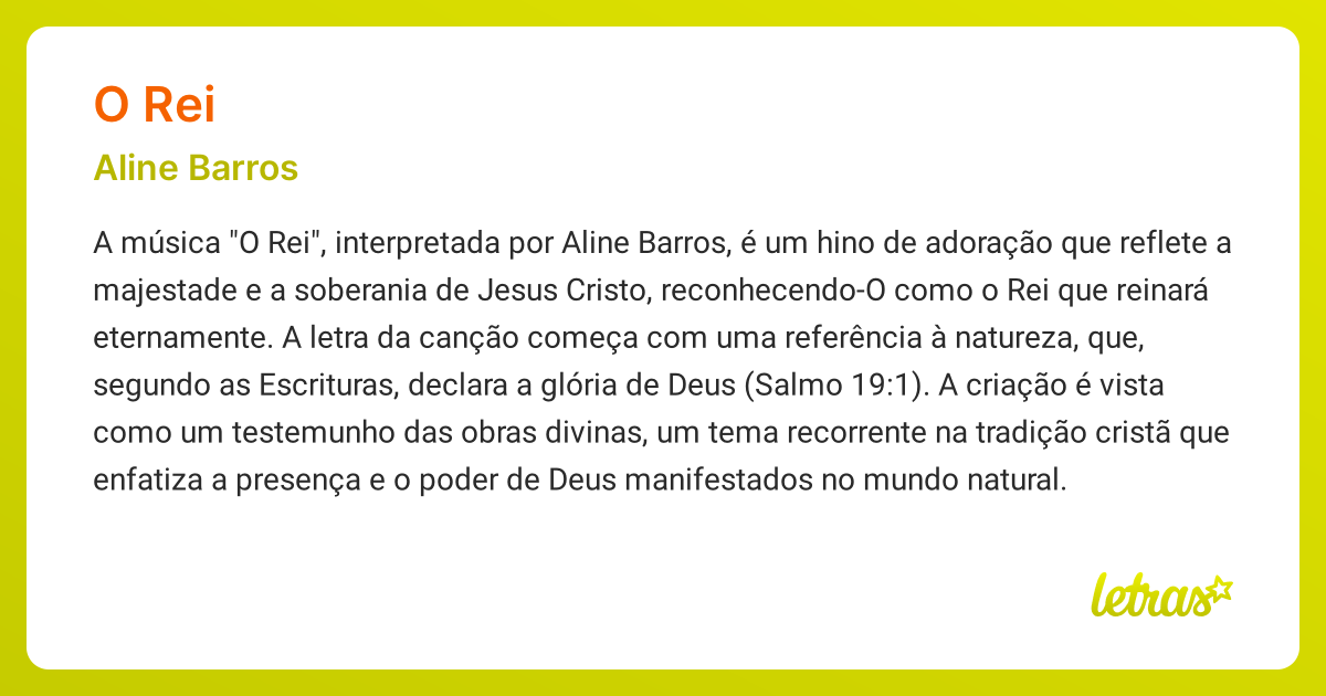 Significado da música O REI (Aline Barros) LETRAS.MUS.BR