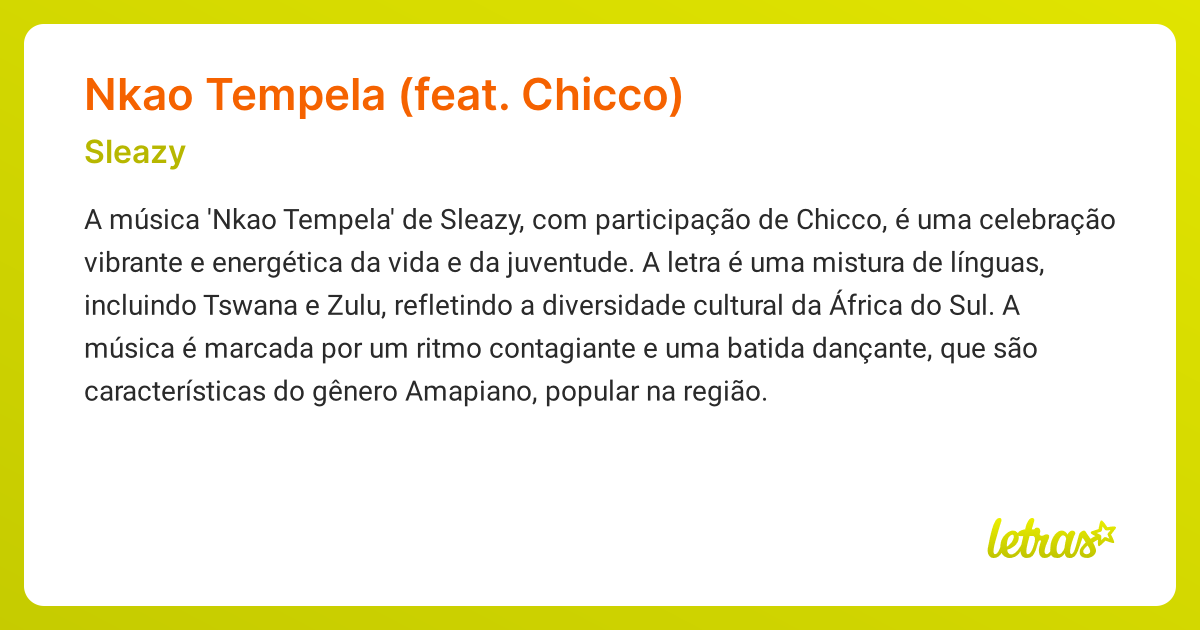 Significado da música NKAO TEMPELA (FEAT. CHICCO) (Sleazy) - LETRAS.MUS.BR