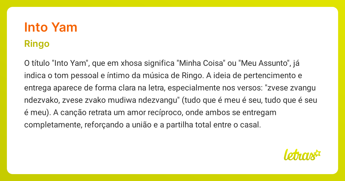 Significado da música INTO YAM (Ringo) - LETRAS.MUS.BR