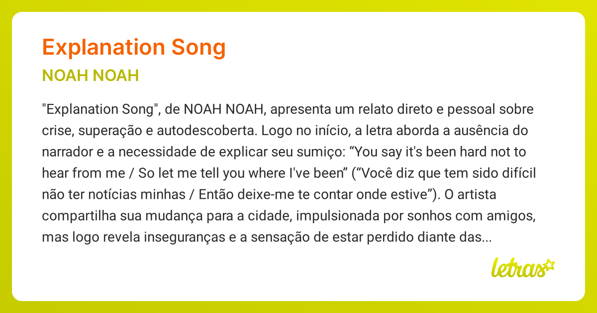Significado da música EXPLANATION SONG (NOAH NOAH) - LETRAS.MUS.BR