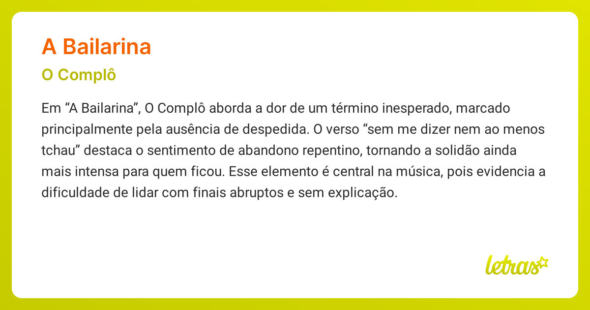 Significado da música A BAILARINA (O Complô) - LETRAS.MUS.BR