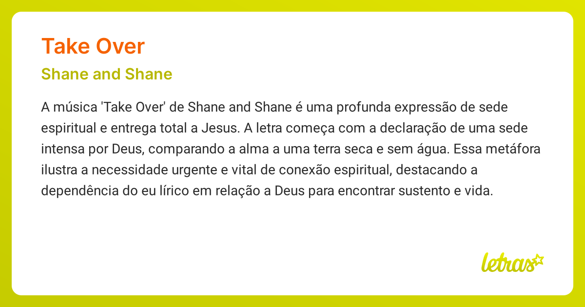 Significado da música TAKE OVER (Shane and Shane) - LETRAS.MUS.BR