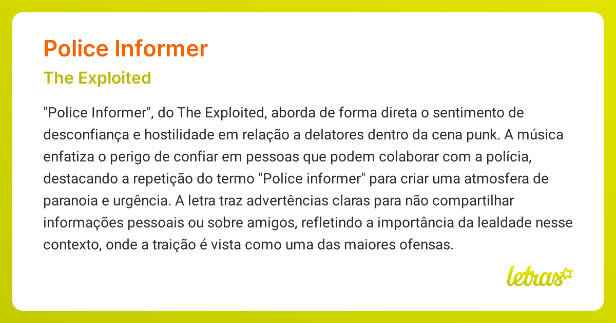 Significado da música POLICE INFORMER (The Exploited) - LETRAS.MUS.BR