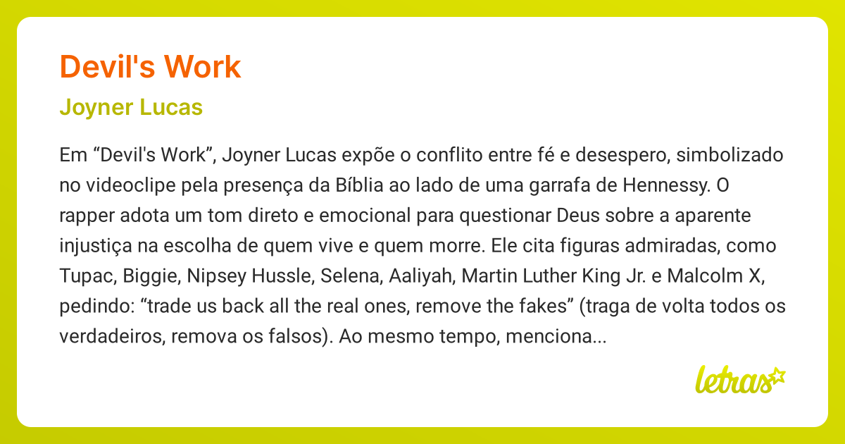 Significado da música DEVIL'S WORK (Joyner Lucas) - LETRAS.MUS.BR