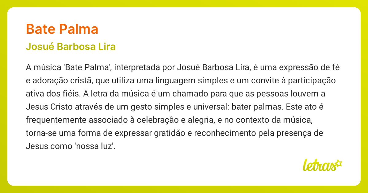 Significado da música BATE PALMA (Josué Barbosa Lira) - LETRAS.MUS.BR