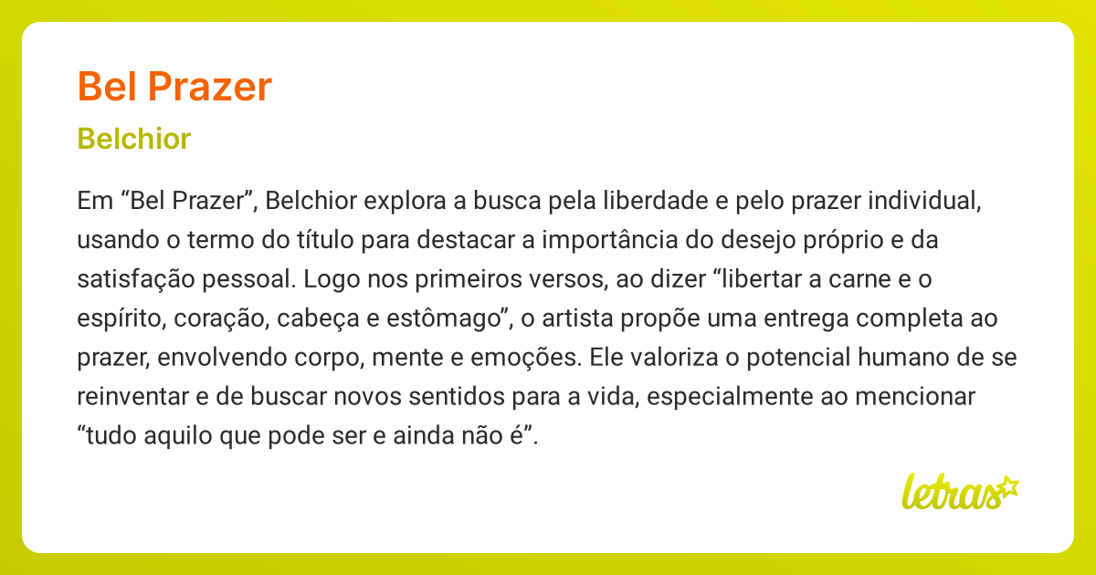 Significado da música BEL PRAZER (Belchior) - LETRAS.MUS.BR