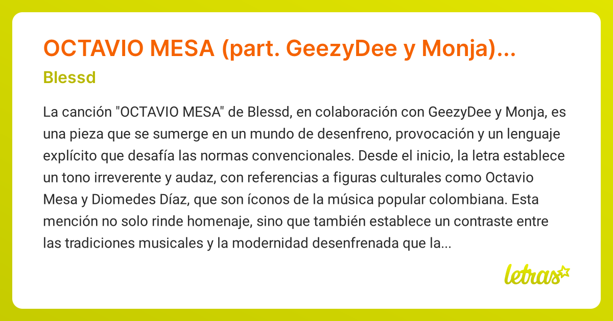 Significado de la canción OCTAVIO MESA (part. GeezyDee y Monja ...