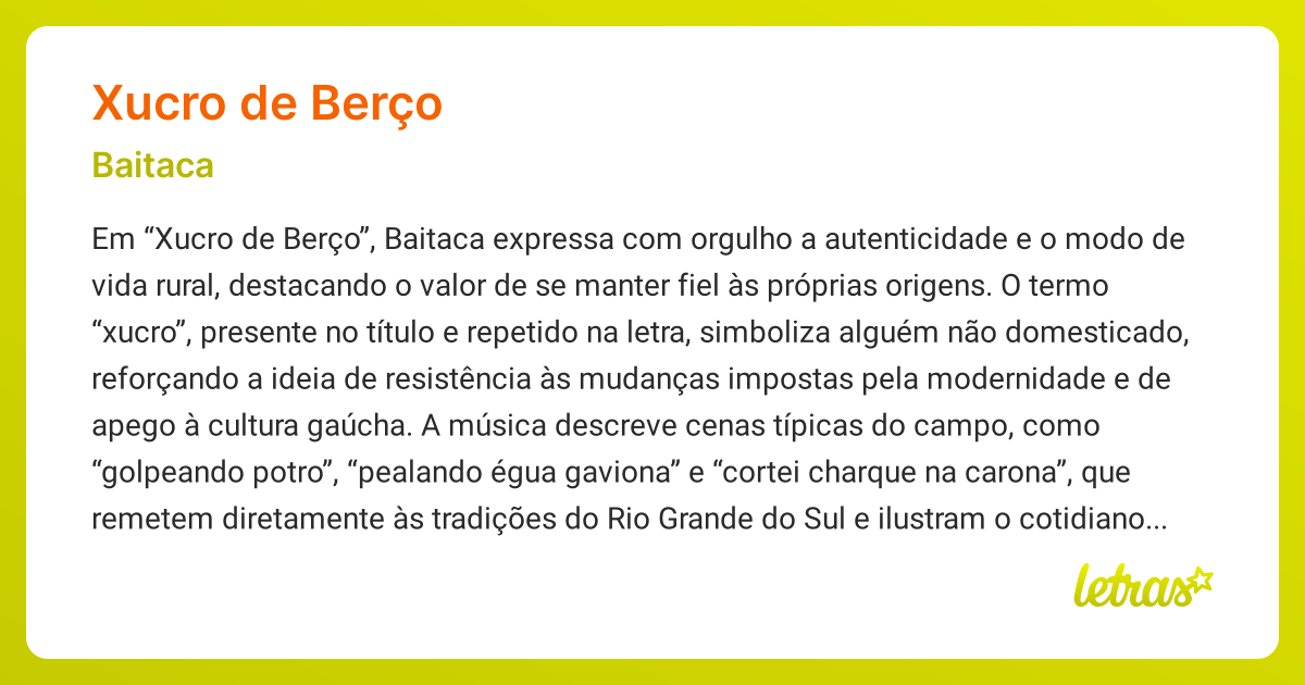 Significado da música XUCRO DE BERÇO (Baitaca) - LETRAS.MUS.BR
