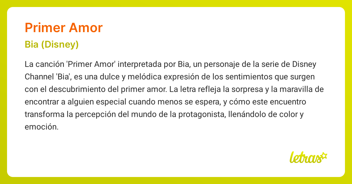 Significado de la canción PRIMER AMOR (Bia (Disney))