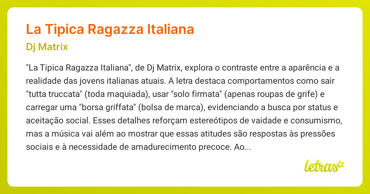 Significado da música LA TIPICA RAGAZZA ITALIANA (Dj Matrix
