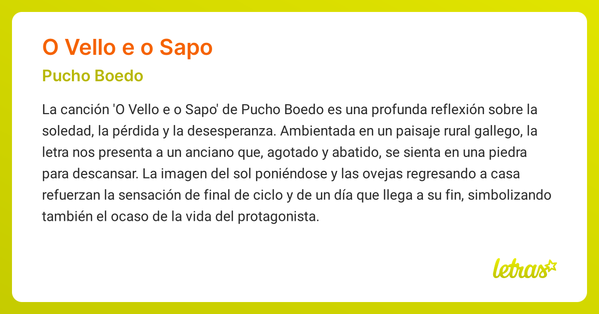 Significado de la canción O VELLO E O SAPO (Pucho Boedo) - LETRAS.COM