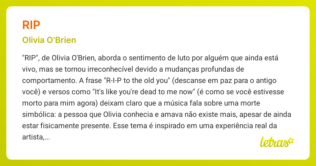 Significado da música RIP (Olivia O'Brien) - LETRAS.MUS.BR
