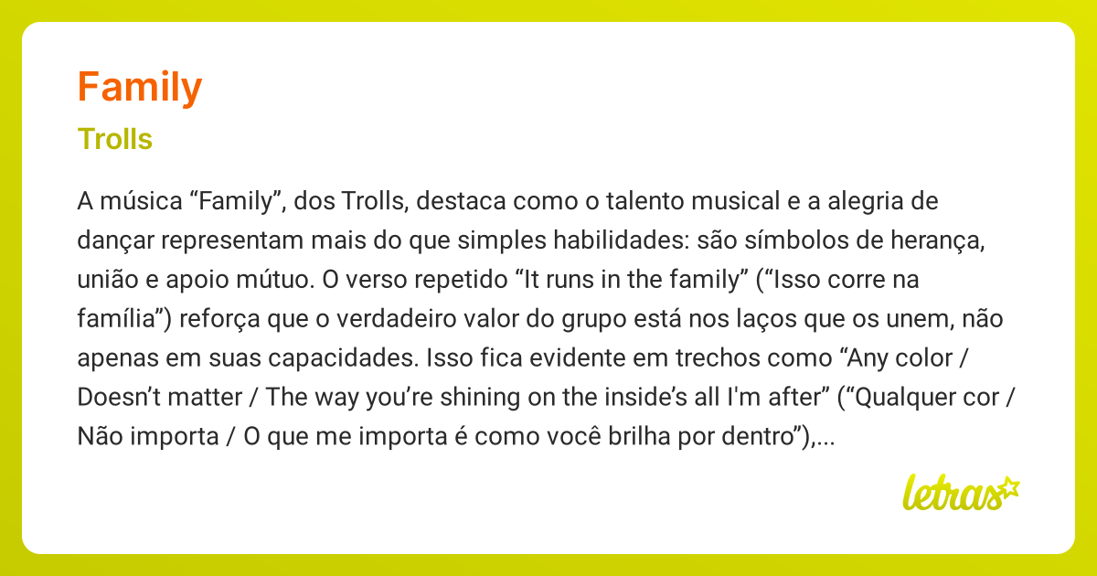 Significado da música FAMILY (Trolls) - LETRAS.MUS.BR