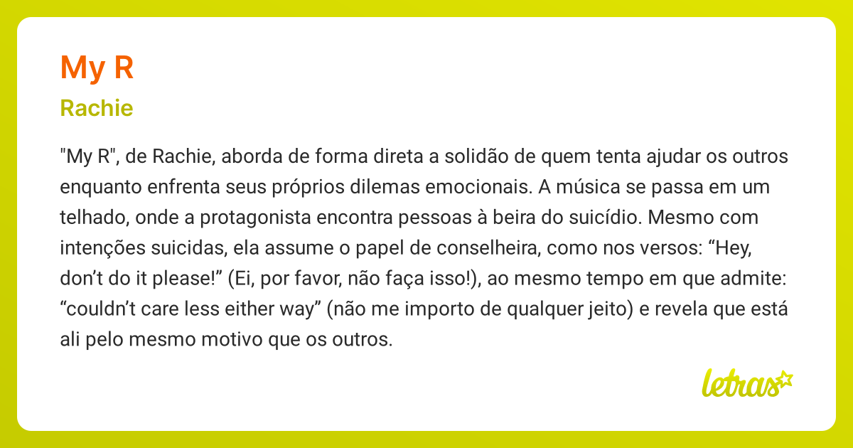 Significado da música MY R (Rachie) - LETRAS.MUS.BR