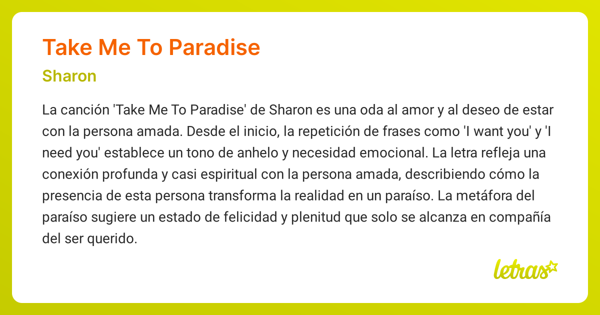 Significado de la canción TAKE ME TO PARADISE (Sharon) - LETRAS.COM
