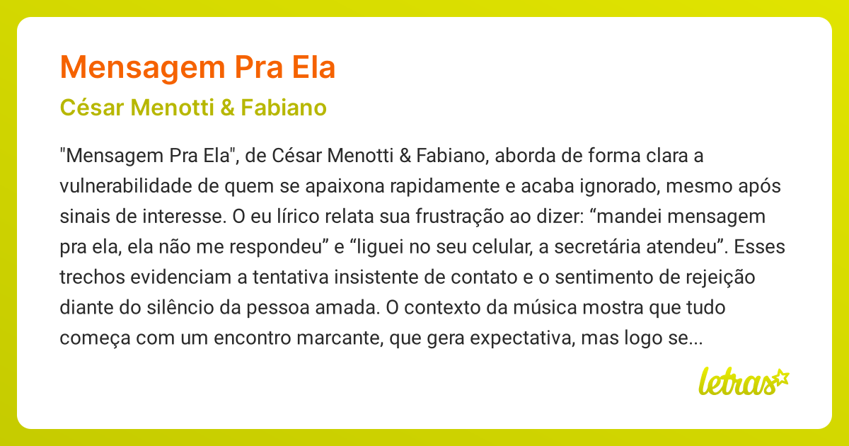Significado da música MENSAGEM PRA ELA (César Menotti & Fabiano ...