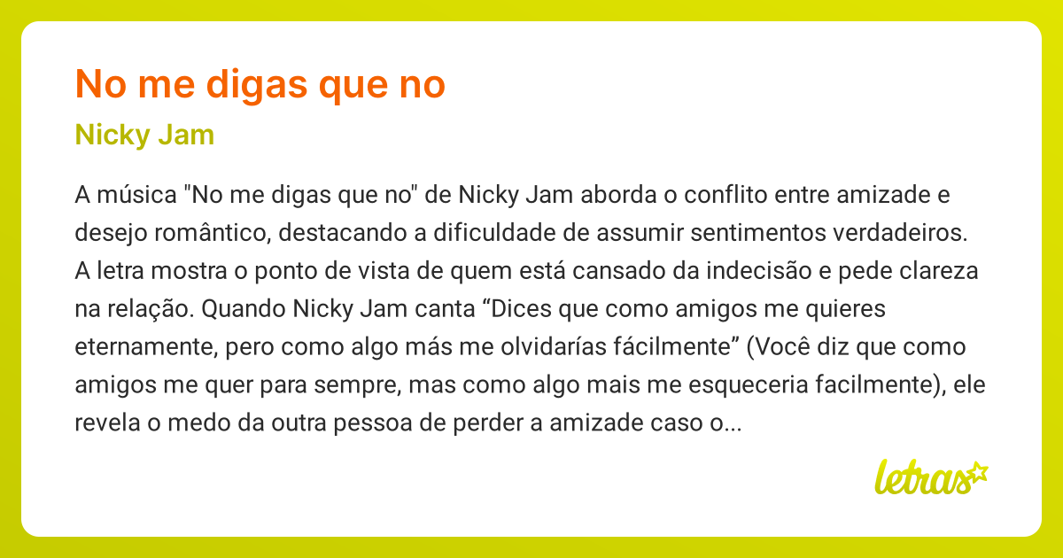 Significado da música NO ME DIGAS QUE NO (Nicky Jam) - LETRAS.MUS.BR