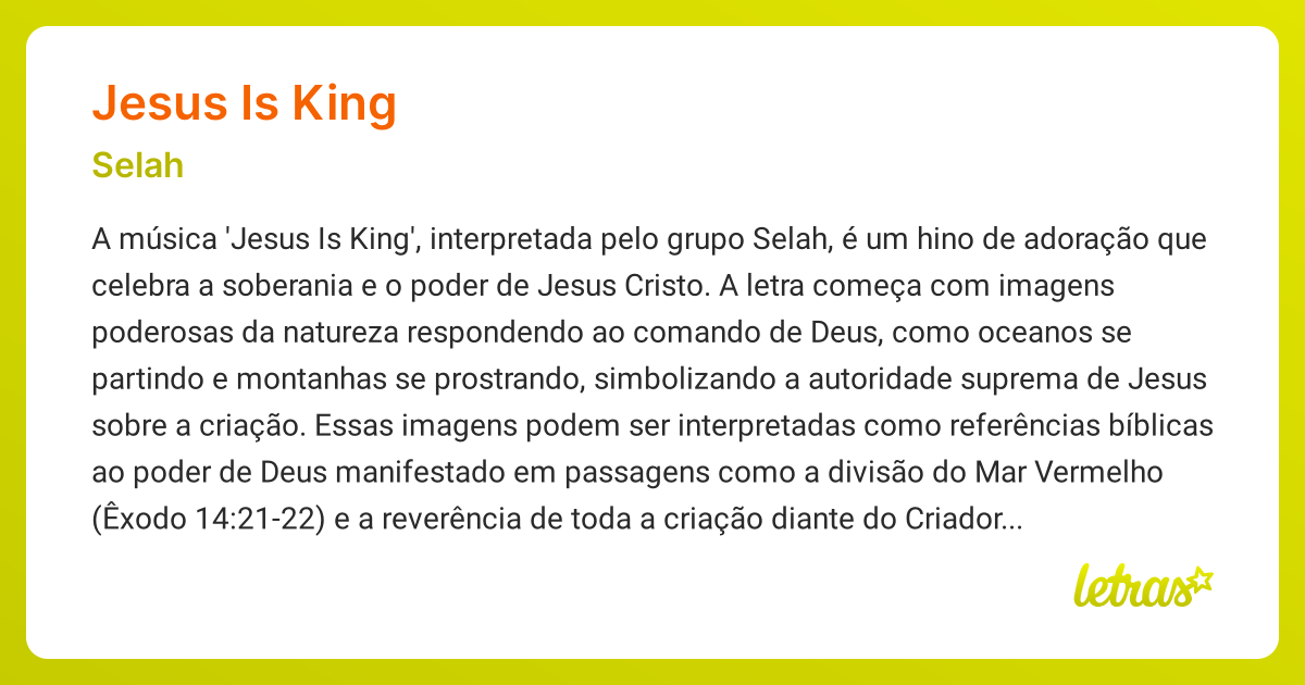 Significado da música JESUS IS KING (Selah) - LETRAS.MUS.BR