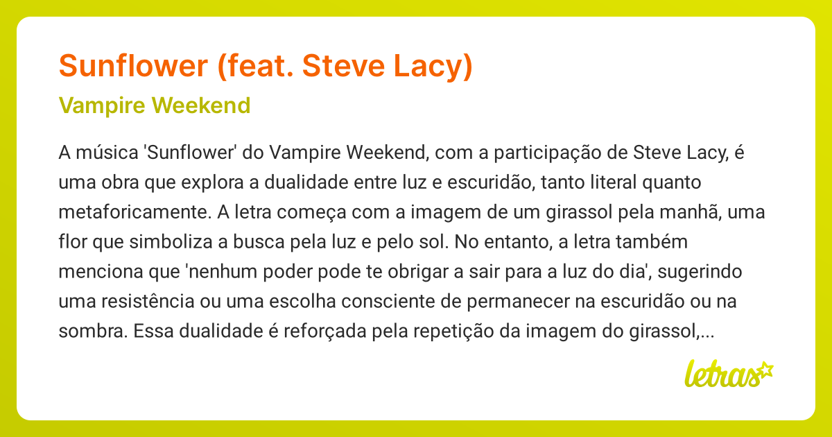 Significado da música SUNFLOWER (FEAT. STEVE LACY) (Vampire Weekend