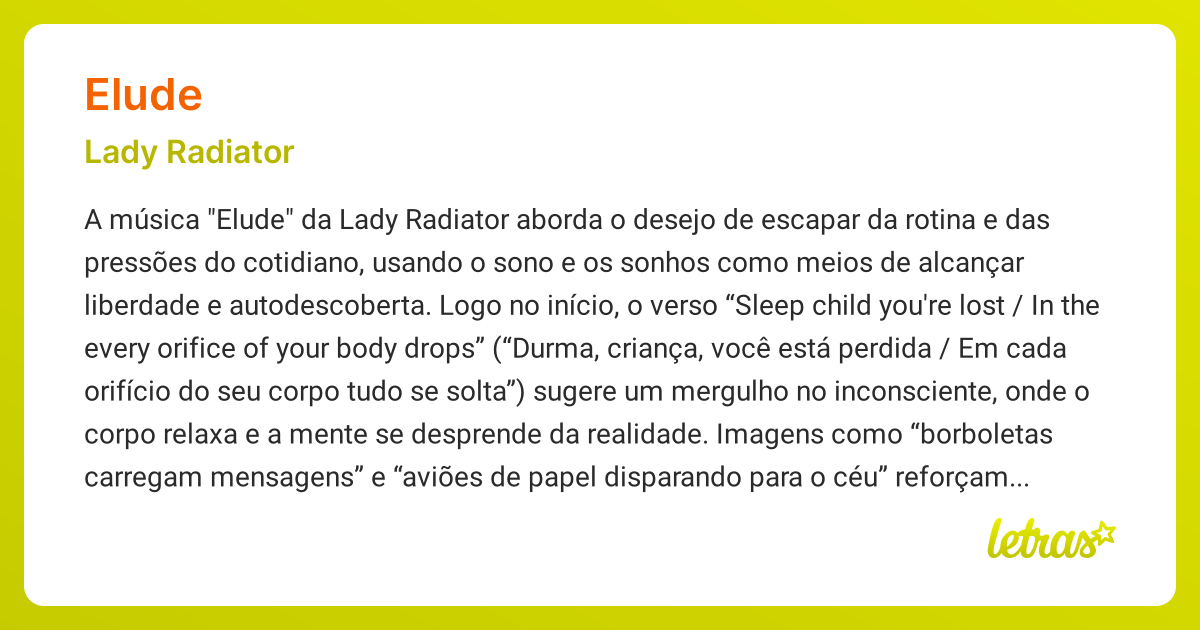 Significado da música ELUDE (Lady Radiator) - LETRAS.MUS.BR