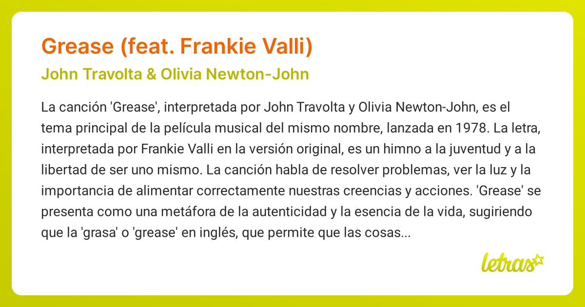 Significado de la canción GREASE (FEAT. FRANKIE VALLI) (John Travolta