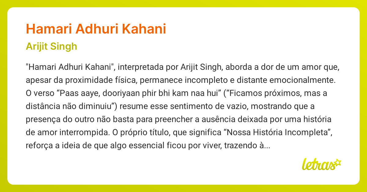 Significado da música HAMARI ADHURI KAHANI‬ (Arijit Singh) - LETRAS.MUS.BR
