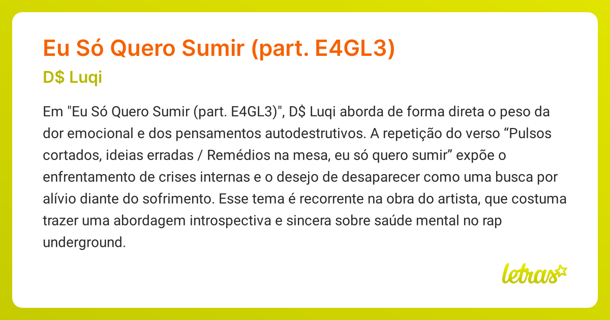 Significado da música Eu Só Quero Sumir (part. E4GL3) (D$ Luqi ...